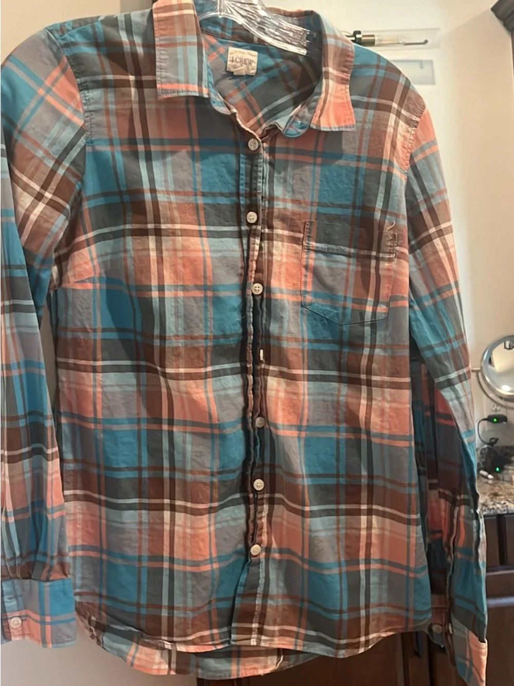 J. Crew Plaid Button-Down Shirt in Blue and Coral